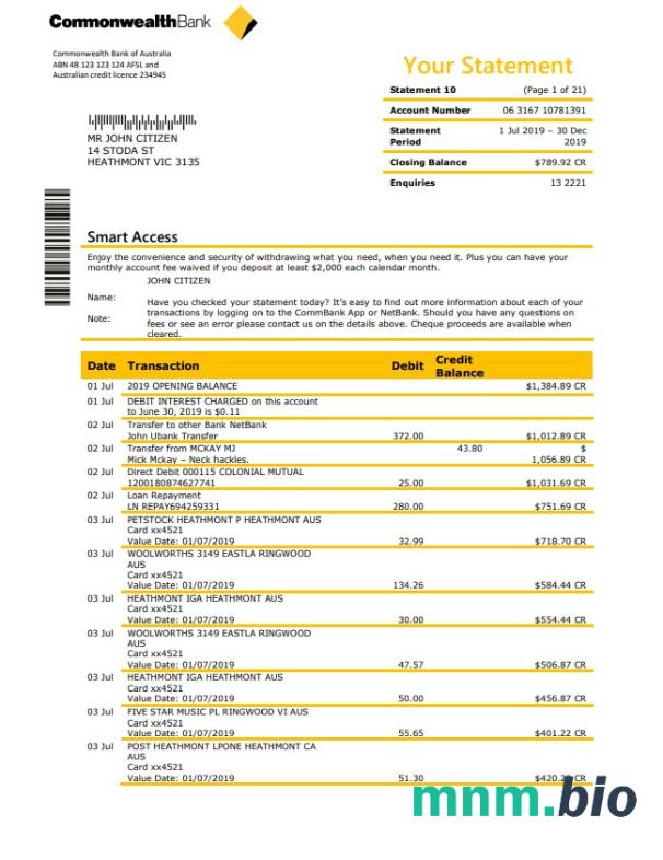 Szablon wyciągu bankowego Australia Commonwealth w formacie Word i PDF, 23 strony